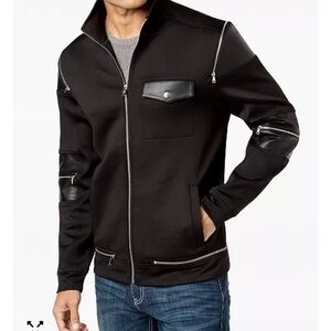 INC Men's Zipper Bomber Jacket w/ Faux Leather Details, Pockets Black Sz XXL